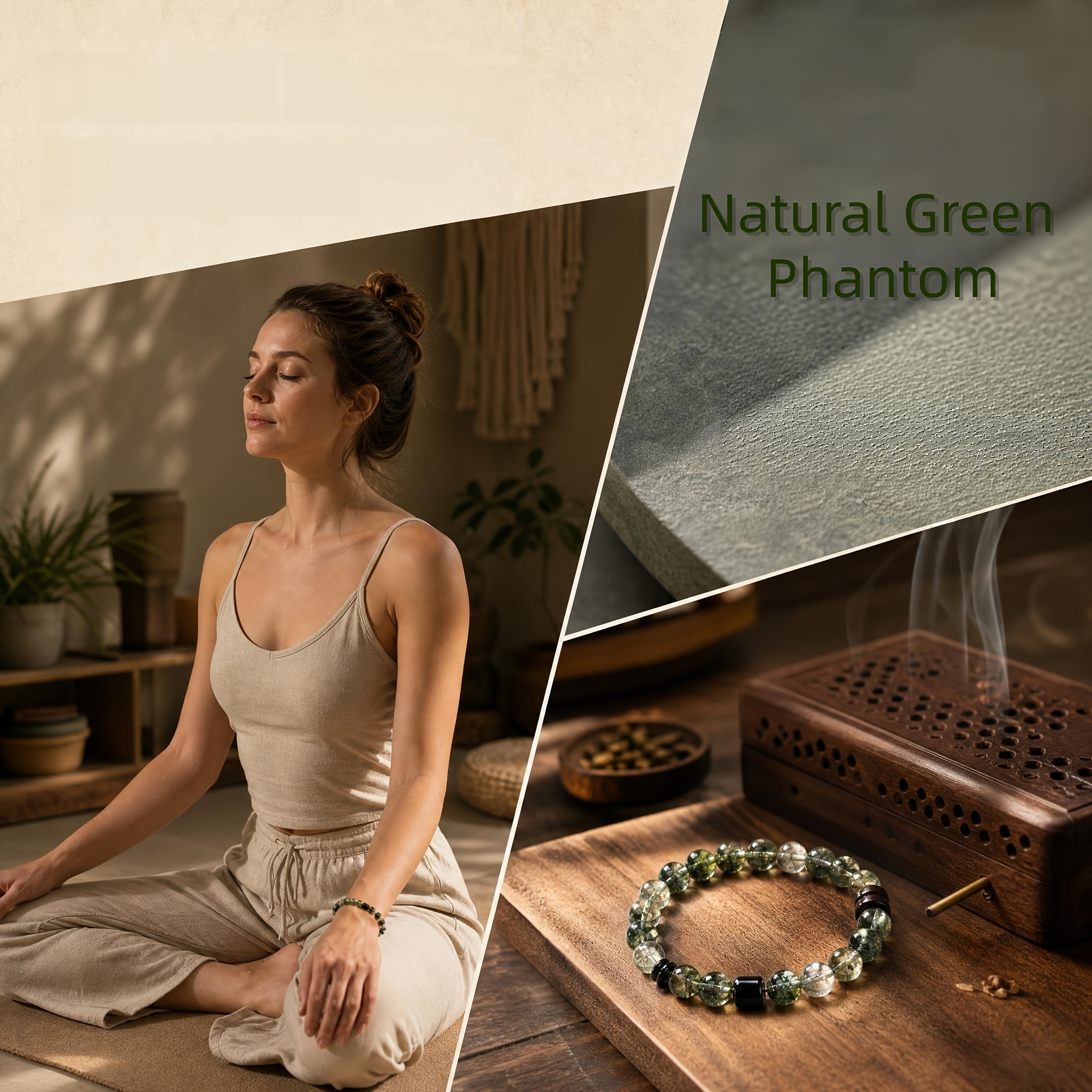 Natural Green Phantom Crystal Bead Bracelet, Adjustable